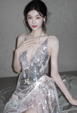 Shiny Silver Sequin Spaghetti Strap V Neck Prom Dress Evening Dress with Slit HZ1023