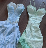 Baby Blue Dreamy A Line Sweetheart Neck Lace Ruffle Chiffon Evening Dress Party Dress HZ1023