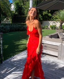 Red Sheath Spaghetti Straps Ruffles Chiffon Prom Dress Evening Dress with Slit HZ1023