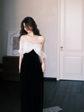 Cute A Line Off the Shoulder White Organza Black Velvet Long Prom Dress HZ1023