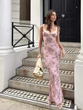 Retro Pink Print Floral V Neck Chiffon Long Outfit Party Dress 16 Birthday Dress HZ1023