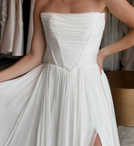 Simple A Line Strapless Corset White Chiffon Long Sweep Wedding Dress with Slit HZ1023