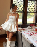 Cute White A Line Strapless Satin Short Prom Dress Birthday Dress HZ1023