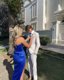 Royal Blue Mermaid Slit Corset Prom Dresses Ruched Formal Evening Party Dresses Bridesmaid Dresses HZ1023