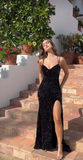 Black Sequins Slit Prom Dress HZ1023
