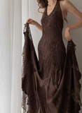 Vintage Mermaid Sleeveless Halter Brown Long Prom Dress HZ1023
