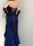 Vintage A Line Sweetheart Neck Ruffle Navy Blue Satin Prom Dress Graduation Prom Dress HZ1023