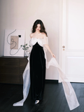 Cute A Line Off the Shoulder White Organza Black Velvet Long Prom Dress HZ1023