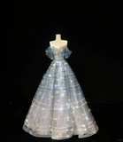 Shiny Blue Ombre A Line Off the Shoulder Beaded Tulle Long Prom Dress 16th Birthday Dress HZ1023