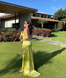 2025 New Mermaid Strapless Bow Green Satin Prom Dress Graduation Prom Dress with Slit HZ1023