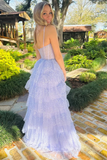 Lavender Tulle Sequin Tiered Ruffles Long Prom Dress Elegant Evening Dress Princess Ball Gown HZ1023