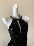 Sexy Sheath Halter Rhinestone Black Sequin Short Mini Homecoming Dress Cocktail Dress HZ1023