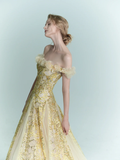 Yellow A Line Off the Shoulder Floral Sequin Tulle Prom Dress Evening Dress HZ1023