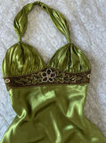 Vintage Sheath Halter Beaded Green Satin Open Back Prom Dress Graduation Prom Dress HZ1023