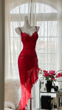 Sexy Sheath Spaghetti Strap Red Lace Chiffon Party Dress Evening Dress HZ1023