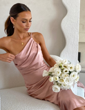 Simple Sheath One Shoulder Pleated Pink Satin Bridesmaid Dress Evening Dress HZ1023