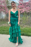 Green V-Neck Satin Chiffon Ruffle Long Prom Dress Mermaid Slit Evening Dress HZ1023