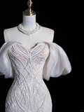 Exquisite Mermaid Off the Shoulder Beaded Lace Tulle Wedding Dress Prom Dress HZ1023