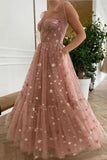 Sparkly Stars Tulle Blush Pink Prom Dresse Shiny Princess Evening Dress With Straps HZ1023