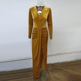 Sexy V-Neck Long Sleeve Split Velvet Prom Dress HZ1023