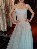 Romantic Blue A Line Strapless Sequin Tulle Long Prom Dress Gown Dress HZ1023