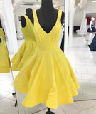 Yellow v neck satin short prom dress, yellow homecoming dress HZ1023