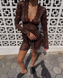 Sexy Sheath Long Sleeve Brown Lace Short Party Dress Outfits HZ1023