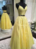 Yellow tulle lace long prom dress two pieces evening dress HZ1023