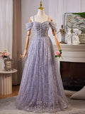 A Line Off the Shoulder Sequin Rhinestones Tulle Long Prom Dress Evening Dress HZ1023