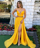 Yellow v neck chiffon long prom dress, yellow evening dress HZ1023