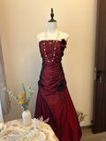 Vintage A Line Strapless Flower Pleated Burgundy Satin Long Prom Dress Party Dress HZ1023