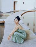 Green Sheath Halter Pleated Tulle Satin Open Back Prom Dress Evening Dress HZ1023