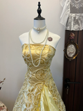Vintage A Line Strapless Appliques Yellow Satin Organza Prom Dress Evening Dress HZ1023
