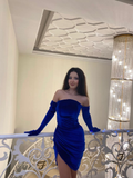 Strapless Royal Blue Velvet Pleated Prom Dress Evening Dress With Gloves HZ1023