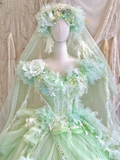 Exquisite Light Green Floral A Line Beaded Tulle Prom Dress Party Dress HZ1023