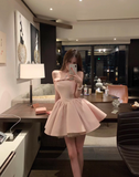 Pink Bow A Line Spaghetti Strap Satin Short Homecoming Dress Cocktail Dress HZ1023