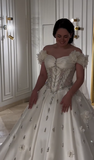 Gorgeous Exquisite A Line Off the Shoulder Flower Rhinestone White Satin Long Wedding Dress Date Dress HZ1023