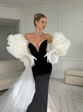 Elegant Mermaid Sweetheart Neck White Tulle Black Satin Prom Dress HZ1023