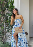 Blue A Line Strapless Print Floral Satin Long Prom Dress Evening Dress with Slit HZ1023