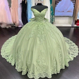 Sage Green Princess Quinceanera Dress Ball Gown Applique Off Shoulder Sweet 16 Prom Dress HZ1023