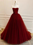 Burgundy Strapless Sleeveless Beading Tulle Prom Dress HZ1023