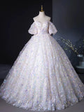 A Line Puff Sleeves Sweetheart Neck Appliques Tulle Long Prom Dress Ball Gown HZ1023