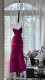 Elegant Mermaid Spaghetti Strap Pleated Satin Prom Dress Date Dress Wedding Guest Dress HZ1023