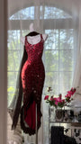 Exquisite Mermaid Straps Beaded Burgundy Chiffon Prom Dress Wedding Guest Dress HZ1023