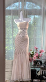 Light Apricot Mermaid Spaghetti Strap Beaded Chiffon Prom Dress Wedding Guest Dress HZ1023
