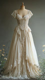Vintage A Line Sweetheart Neck Lace Chiffon Tulle Prom Dress Evening Dress HZ1023