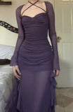 Grape Purple A Line Long Sleeve Ruffle Tulle Homecoming Dress Date Dress Outfits HZ1023