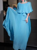 Gentle A Line Round Neck Blue Pleated Chiffon Long Evening Dress Party Dresses HZ1023