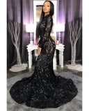 High Neck Shiny Appliques Black Girl Prom Dresses | Mermaid Long Sleeve Evening Gowns HZ1023