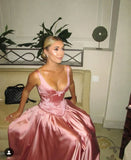 Elegant Pink A Line V Neck Appliques Satin Prom Dress Evening Dress HZ1023